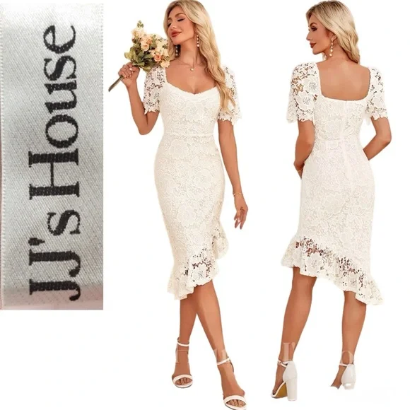 JJ’s House Lace Wedding Dress Sweetheart Asymmetrical Tea-Length NWT Size Small - Picture 1 of 10